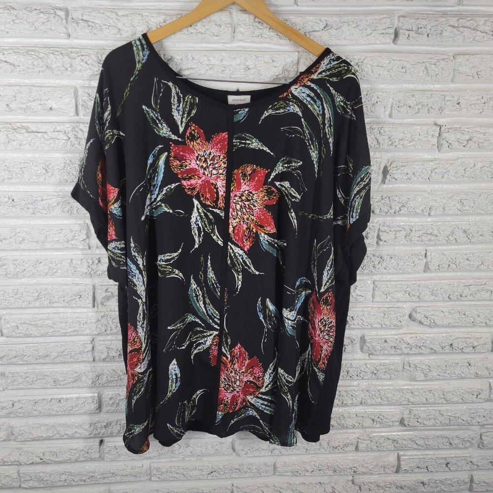 Avenue Women Top 30 32 Plus Tunic Cap Sleeve Black Pink Floral FLO170XE